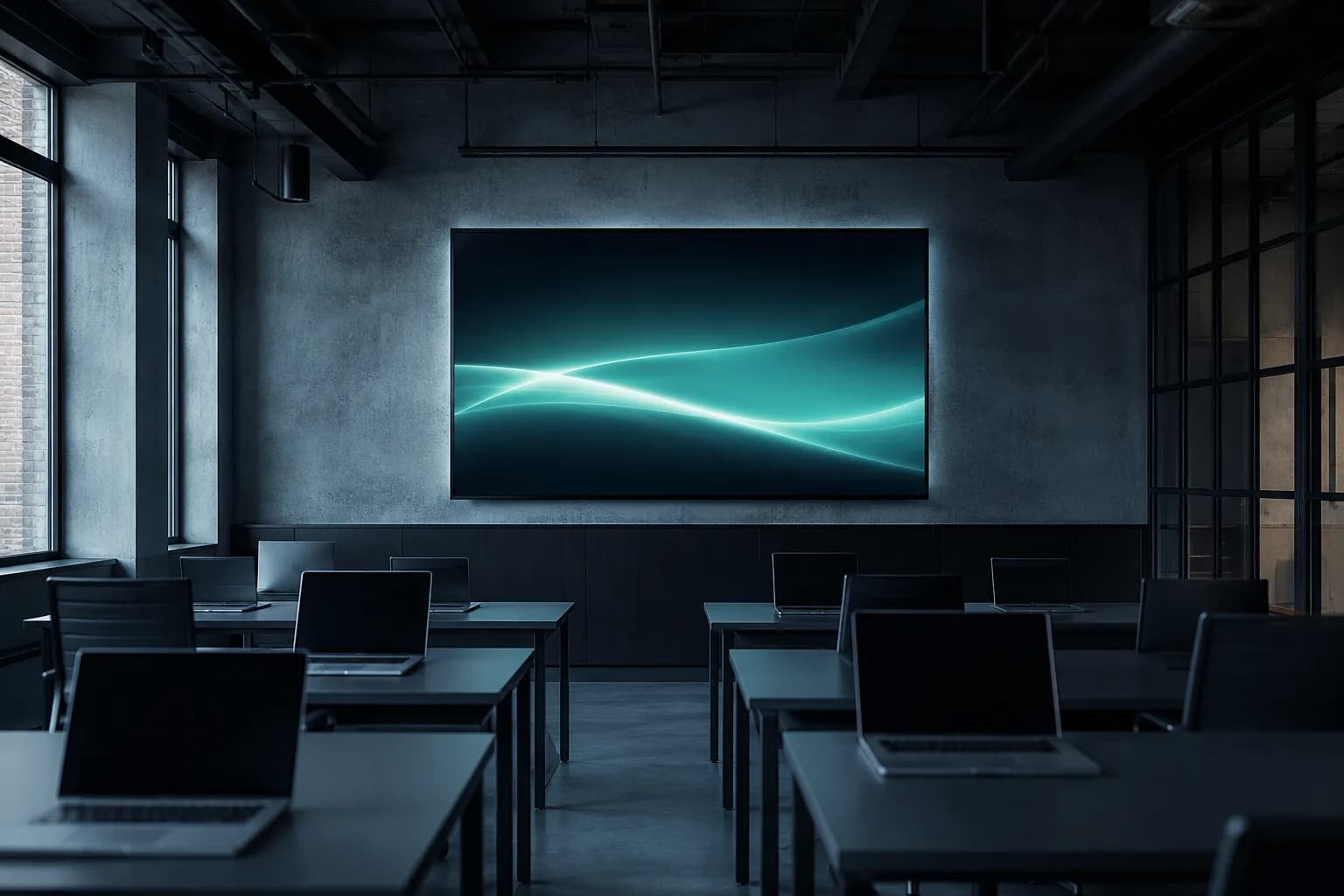 Moderner Schulungsraum mit Laptops und grossem Bildschirm