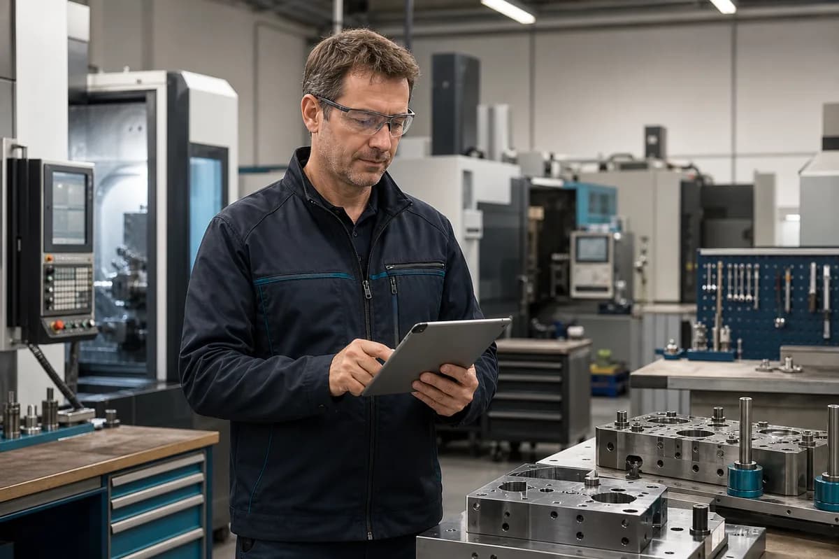 Werkzeugbauer mit Tablet vor CNC-Maschinen